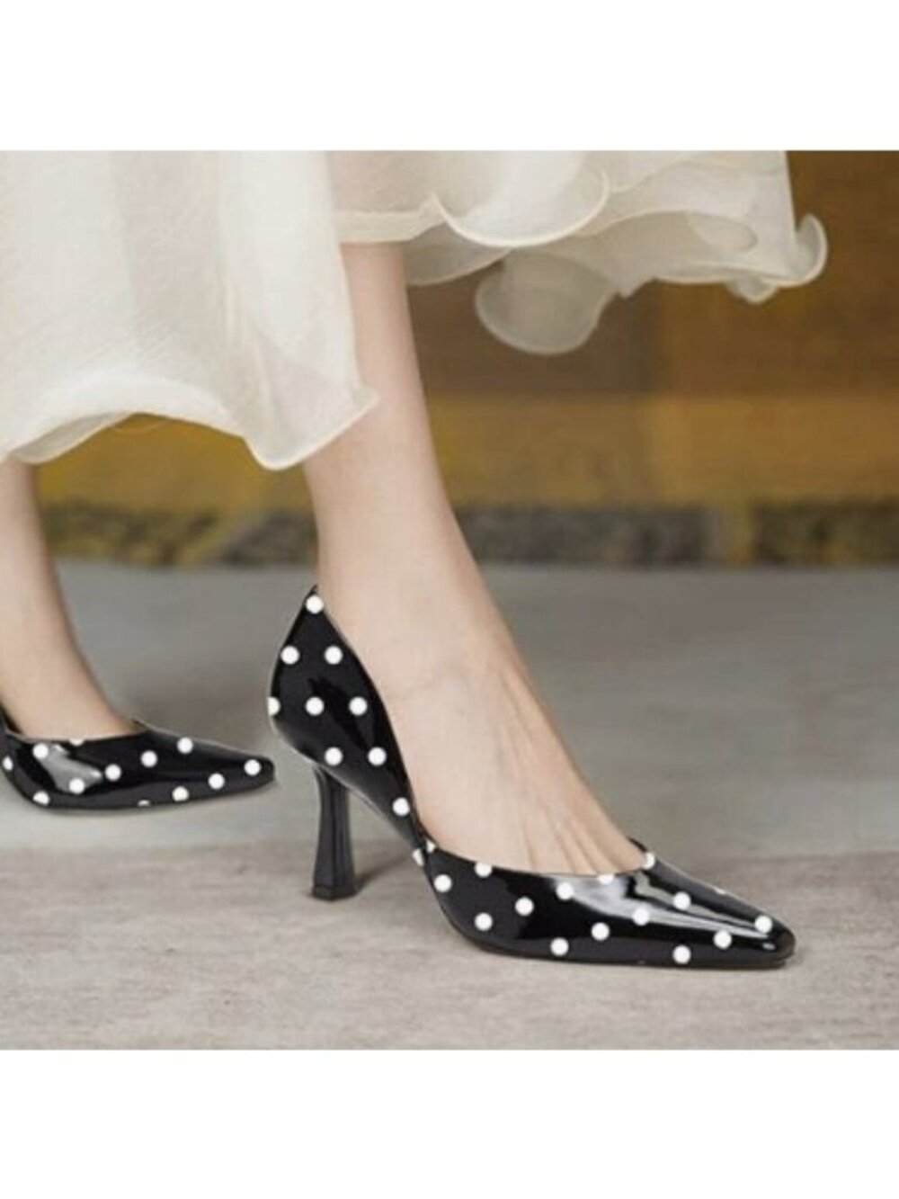 FOWT Spring V-Cut Splicing Flared Heel Slip on Black Pumps for Women Polka Dot